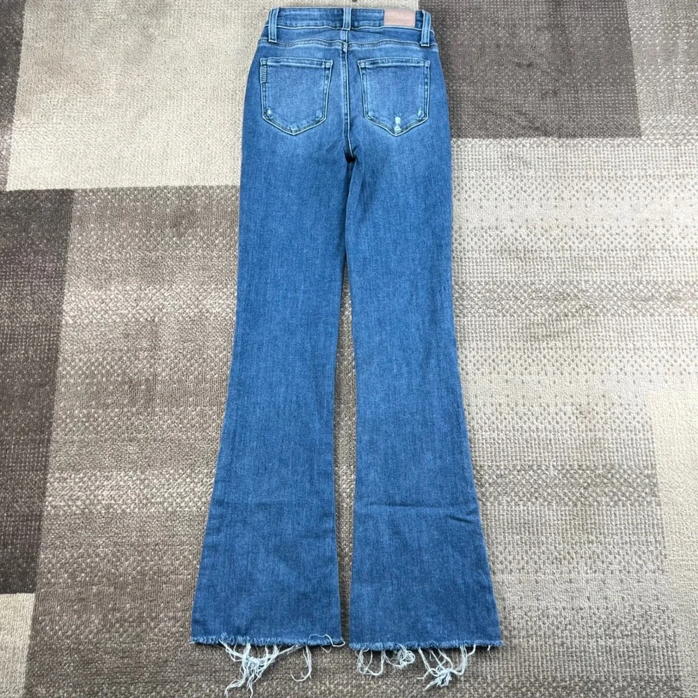 Paige Laurel Canyon High Rise Flare Jeans Blue Raw Hem Size 24 Womens Distressed